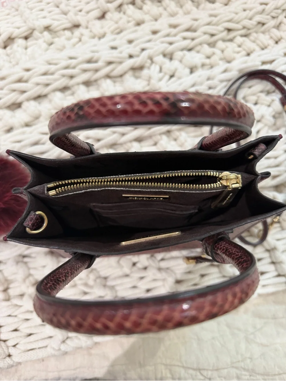 Michael Kors Deep Burgundy Snake-Embossed Satchel with Pom Pom